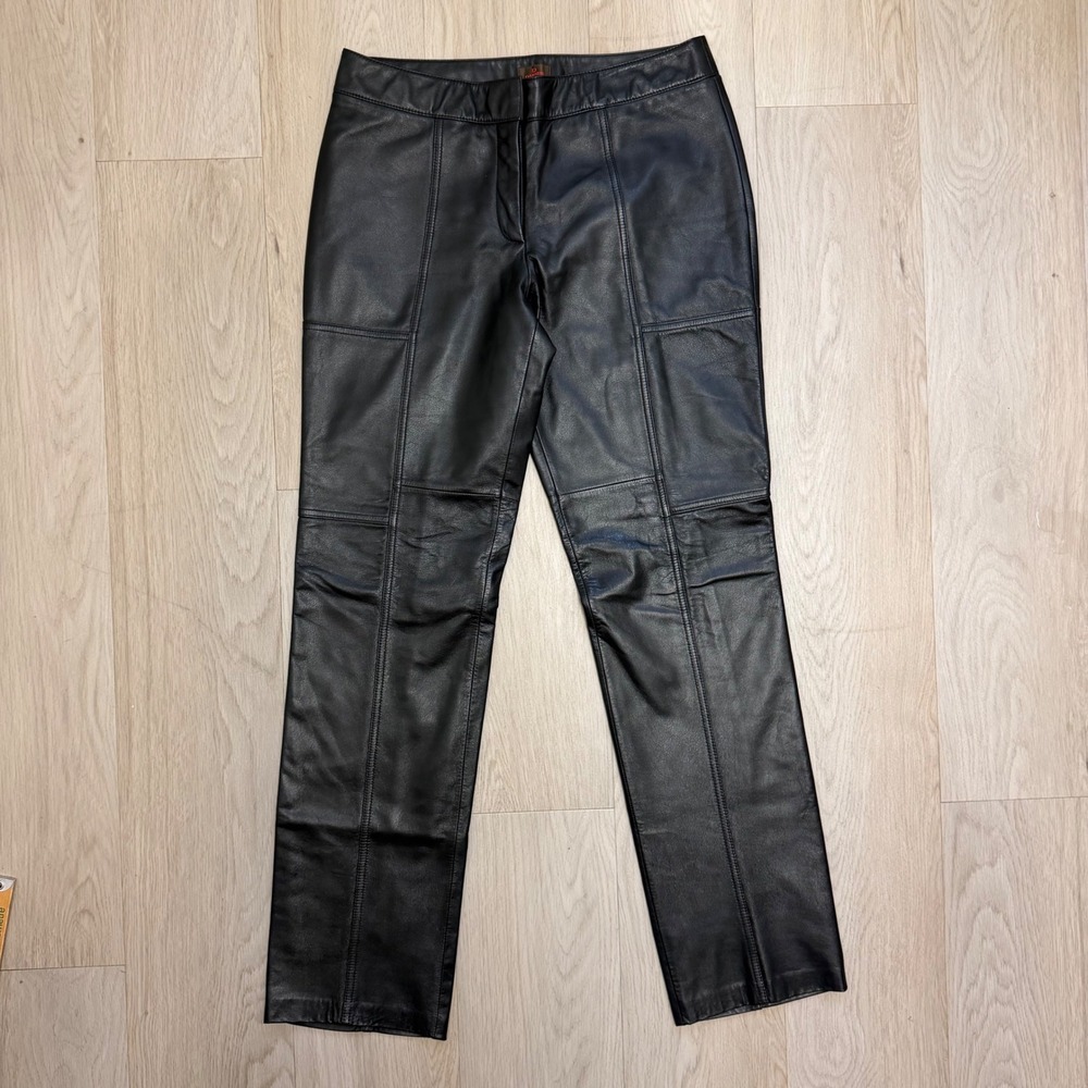 Danier Leather Pants Straight Leg Panelled Black Biker 90s Grunge Old Money 8/29 - Picture 13 of 16